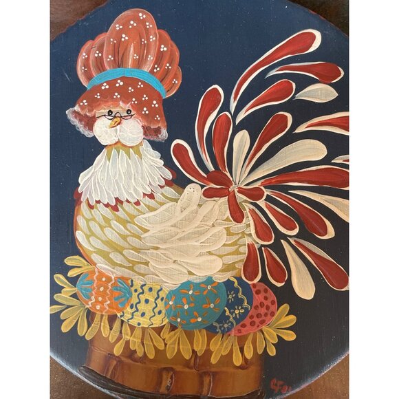 Vintage Hand-Painted Chicken-Themed Decorative Wooden Cutting Board Farm House - Picture 2 of 8
